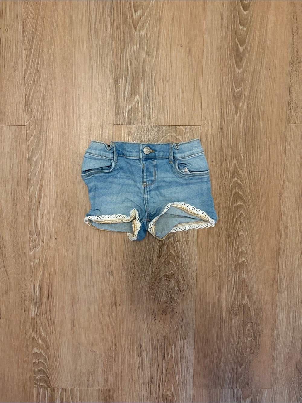 Light Blue Denim Girls' Shorts with Lace Trim